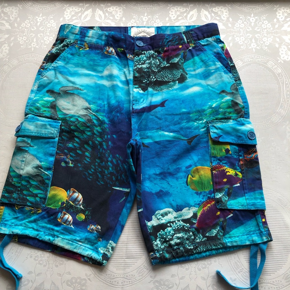 Decibel Nautical Vibrant Blue Ocean Print Cargo Shorts Men’s Size 36 Drawstring